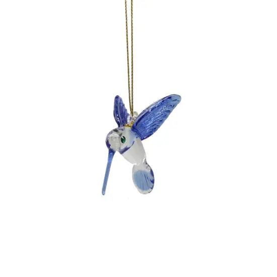 Small Feeding Hummingbird - Blue Wing - Egyptian Glass Ornament {1}