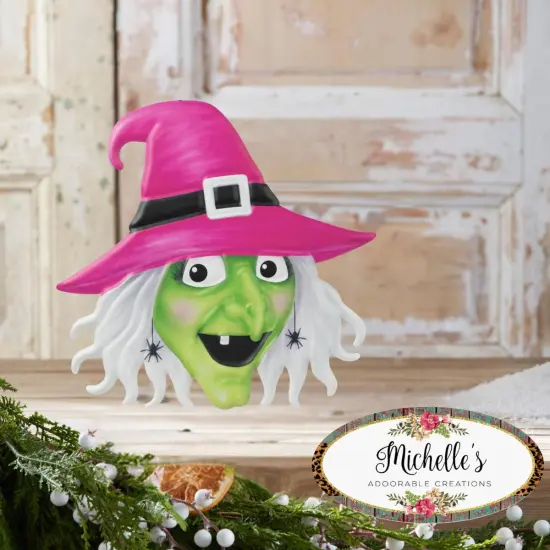 12" Metal Embossed Sign: Witch Head (Pink) {4}