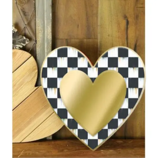 12" Metal Embossed Heart Hanger: Black Gold Check {3}