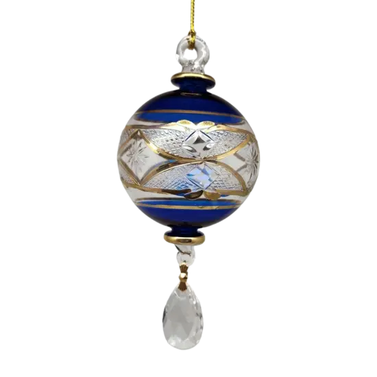 Etched Blown Glass Ball with Crystal Dangle - Blue {1}