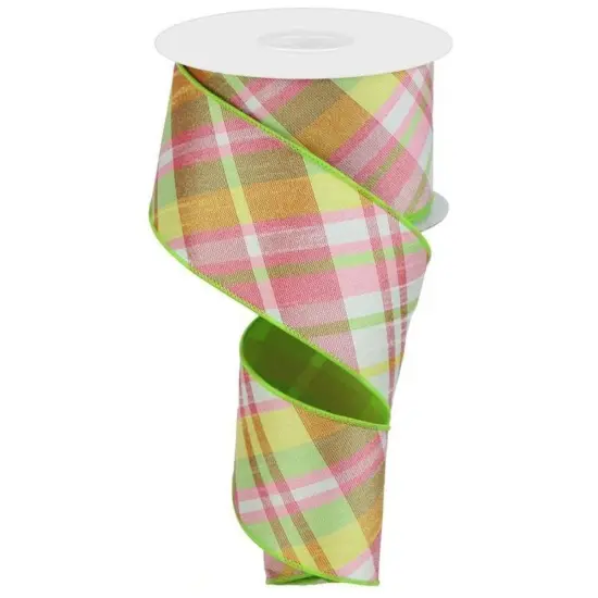 2.5" Diagonal Plaid Fused Ribbon: Spring Green (10 Yards) {1}