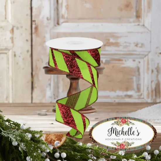 1.5" Diagonal Glitter on Royal Ribbon: Lime Green (10 Yards) {2}