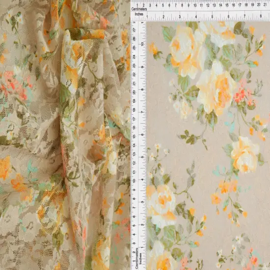 Digital Floral Lace Print Fabric 1 Yard Soft Stretch Smooth Knit 58/60" Wide TAUPE {1}