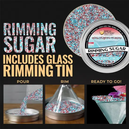 Brew Glitter - Red, White and Blue Pearl Rimming Sugar (4oz, 1x Bar Tin) Cocktail Garnish for Mixed Drinks & Refreshments {4}