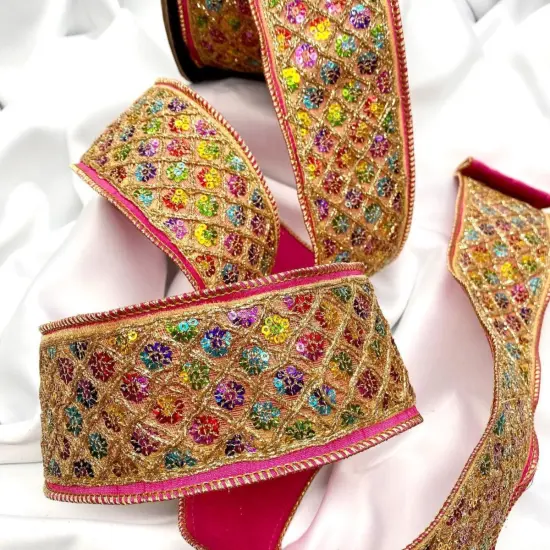 2.5" Dupion Multi Sequin Diamond Ribbon:Bright Pink (10 Yards) {3}