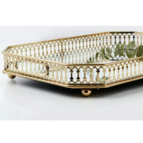 Vintage Mirrored Jewelry Tray Vanity Home Octagon Makeup Perfume Coffee Holder {4}