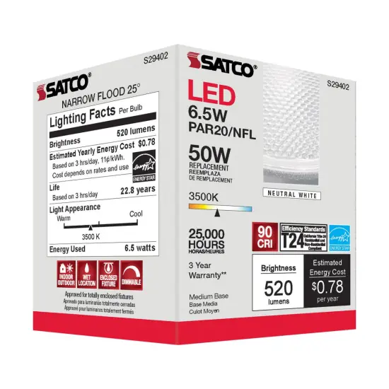 Satco 6.5w PAR20 LED 25 deg. Beam E26 Medium base 3500k Neutral White {4}