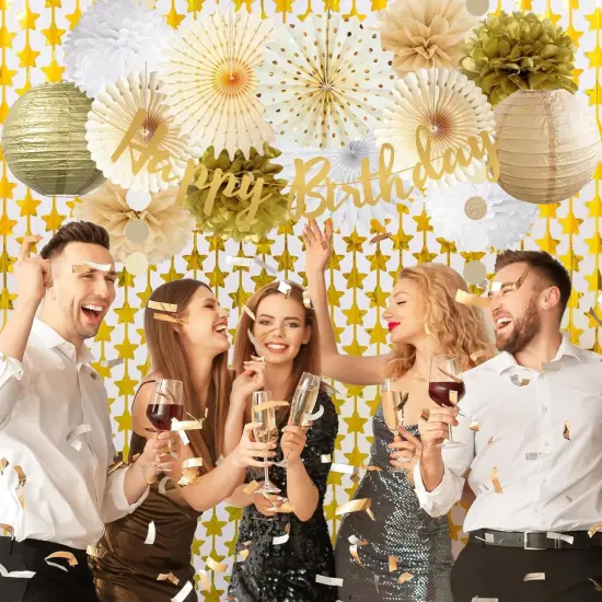 White Gold Champagne Birthday Party Decorations Tissue Pom Poms Hanging Paper Fan Paper Lanterns Gold Party Decoration for Women Girls Happy Birthday Wedding Engagement Baby Shower Decoration {2}