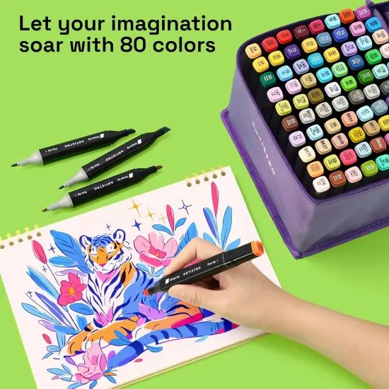 80 Dual-Tip Alcohol Markers - Alcohol-Based Pens Set, Chisel + Fine Tip, Quick Dry, Carrying Case Included {5}