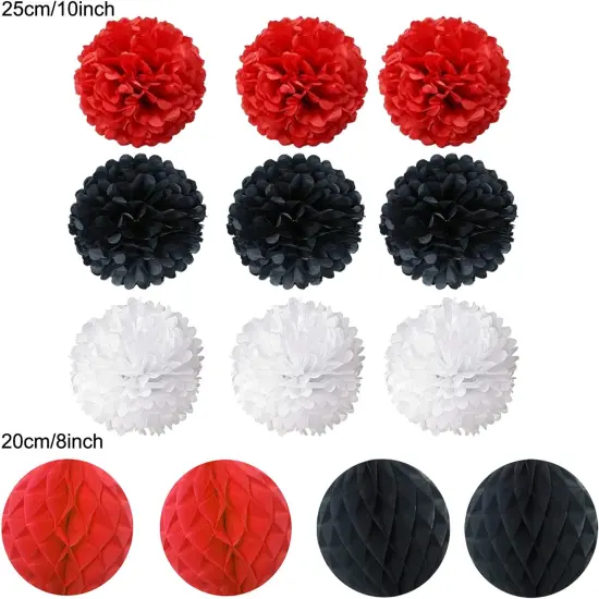Tissue Paper Pom Poms, Paper Flower Ball for Birthday Party Wedding Baby Shower Bridal Shower Festival Decorations, 18 Pcs - Red Black White {3}