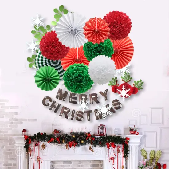 Red White Green Hanging Paper Party Decorations, Round Paper Fans Set Paper Pom Poms Flowers for Christmas Birthday Wedding Graduation Baby Shower {2}