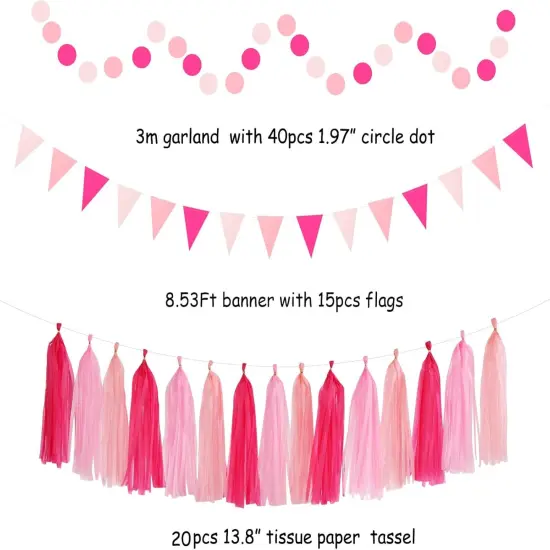 Hot-Pink Rose Red Party-Decorations - 33pcs Banner,Streamers Tassel Garland,Tissue Pom Poms Honeycomb,Paper Lanterns Fan,Birthday Wedding Bridal Baby Shower Bachelorette Engagement Decor {3}