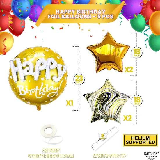 Gold Happy Birthday Balloon Set - 23 Inch, Big, Pack of 5 | Happy Birthday Mylar Balloons, Golden Birthday Balloons | Gold Star Balloons, Gold Foil Balloons | Black And Gold Party Decorations {4}