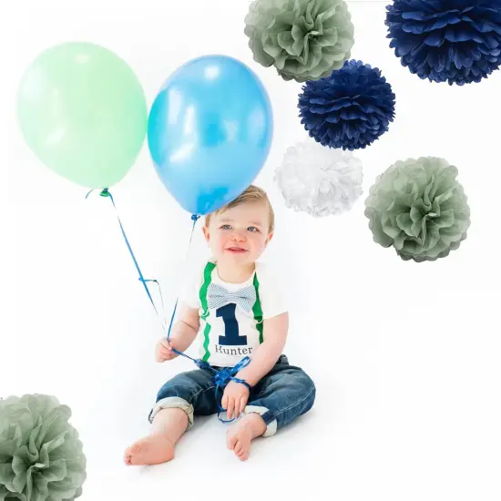 Navy Blue Sage Green Living Room Wall Decor - Hanging Tissue Pom Poms Paper Flowers Backdrop Boho Boy Baby Shower Nursery Bedroom Wedding Bridal Shower Party D&eacute;cor, 9PCS {3}