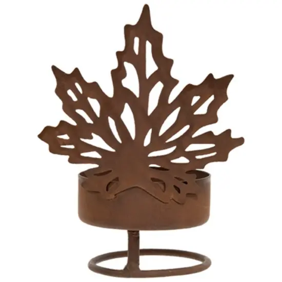 Rustic Brown Metal Tealight Holder, Leaf Design and Fall Decor {1}