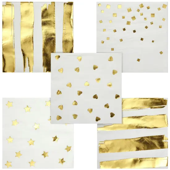 BLUE PANDA 100 Pack White & Gold Disposable Floral Paper Napkins, 5x5 Inches, Decorative Napkins for Wedding Reception, Birthday, Anniversary {5}