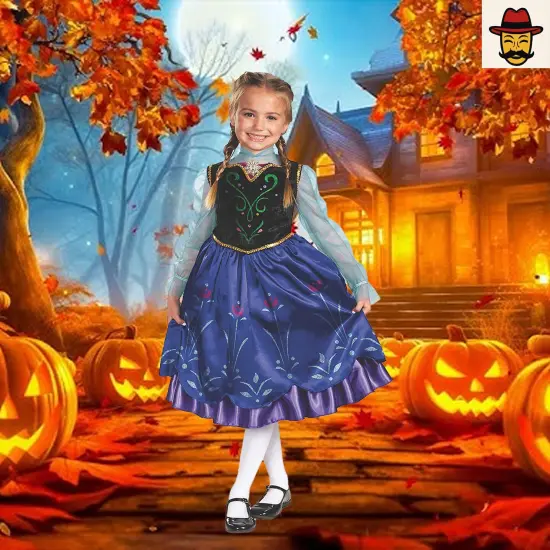 Girls Frozen Anna Costume Blue Purple Black Dress with Velvet Bodice and Floral Skirt {3}