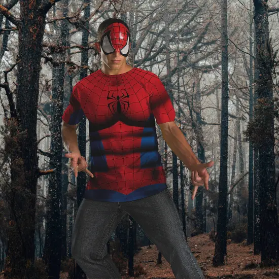 Spider Man Costume Kit For Men With Printed Shirt And Character Mask Set {3}