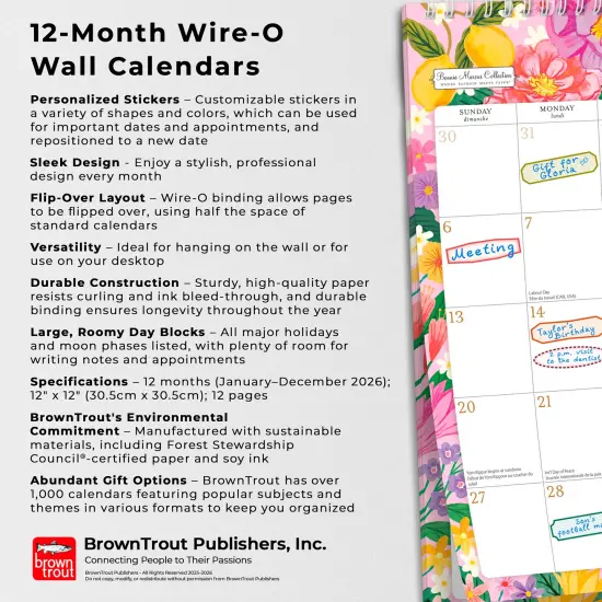 Bonnie Marcus OFFICIAL | 2026 12 x 12 Inch (Hanging) Monthly Square Wire-O Calendar | Sticker Sheet | English/French Bilingual {6}