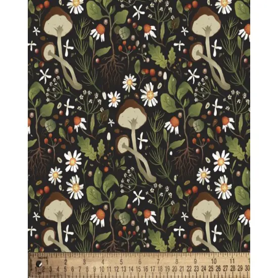 Mushrooms and Daisies Earth Illustration Cotton Fabric | By the Yard | Sewing and Crafting | 44 inches wide {1}