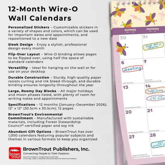 Busy Bees | 2026 12 x 12 Inch (Hanging) Monthly Square Wire-O Calendar | Sticker Sheet {6}