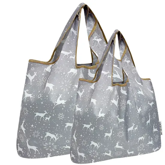 Wrapables Large & Small Foldable Tote Nylon Reusable Grocery Bags, Set of 2, Dancing Deer {1}