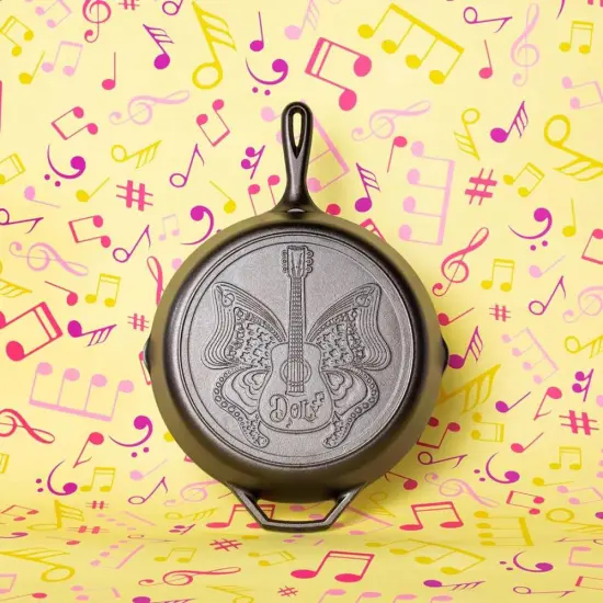Lodge Cast Iron Skillet, Dolly Parton Music Butterfly and Guitar Design Seasoned Cookware for Home or Camp Kitchen, 12 in dia {6}