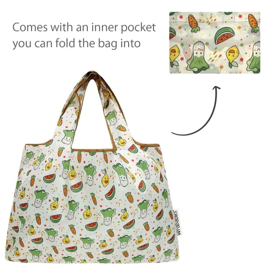 Wrapables Large & Small Foldable Tote Nylon Reusable Grocery Bags, Set of 2, Happy Food {5}