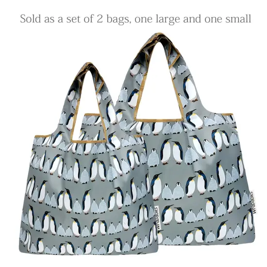 Wrapables Large & Small Foldable Tote Nylon Reusable Grocery Bags, Set of 2, Penguins {3}