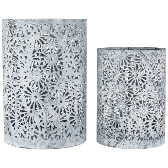 Northlight Laser-Cut Floral Iron Pillar Candle Holders - 10" - Gray and White - Set of 2 {1}