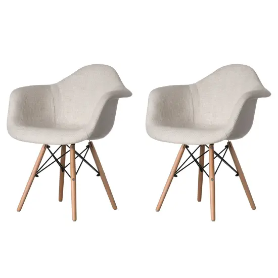 Mid-Century Modern Style Fabric Lined Armchair with Beech Wooden Legs White Set of 2 {1}