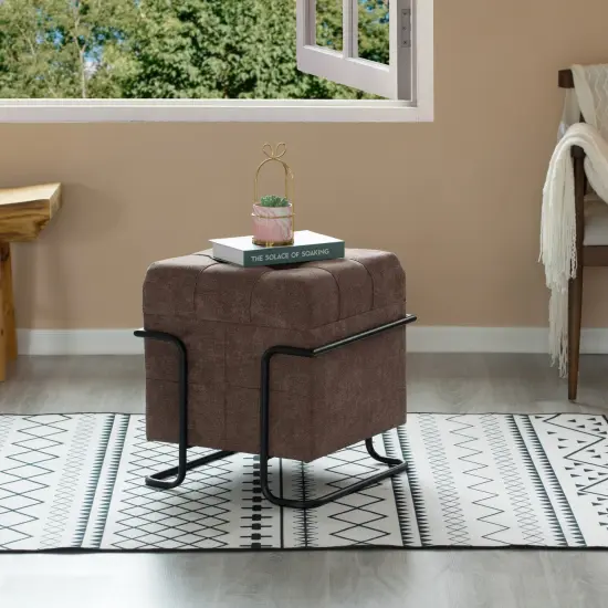 Square Fabric Storage Ottoman with Black Metal Frame Brown {3}