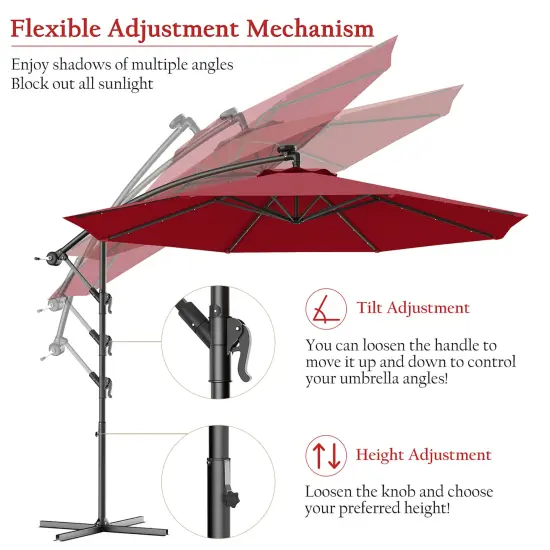 Costway 10' Hanging Solar LED Umbrella Patio Sun Shade Offset Market W/Base Burgundy {6}