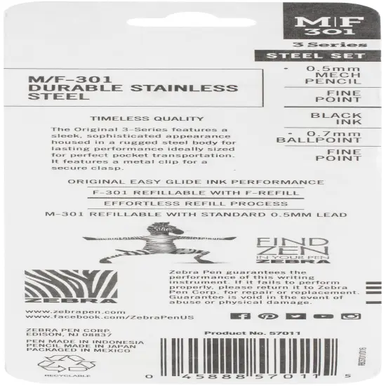 Zebra M/F 301 Stainless Steel Pen & Pencil Set 2/Pkg-Pen 0.7mm & Mechanical Pencil 0.5mm {2}