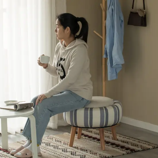 Modern Striped Round Fabric Ottoman with Inner Storage , White and Blue {4}