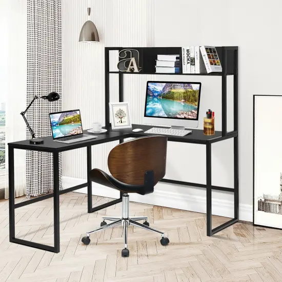 Costway 55'' L-Shaped Desk Corner Computer Desk w/Hutch Black {5}