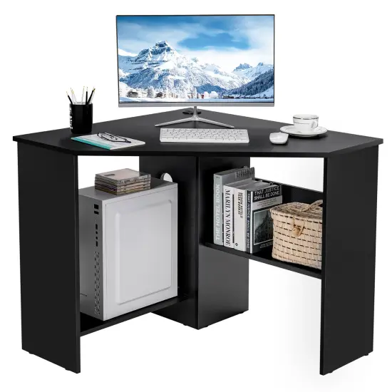 Costway Corner Computer Desk Triangle Writing Workstation w/ Storage Shelf White\Black {9}