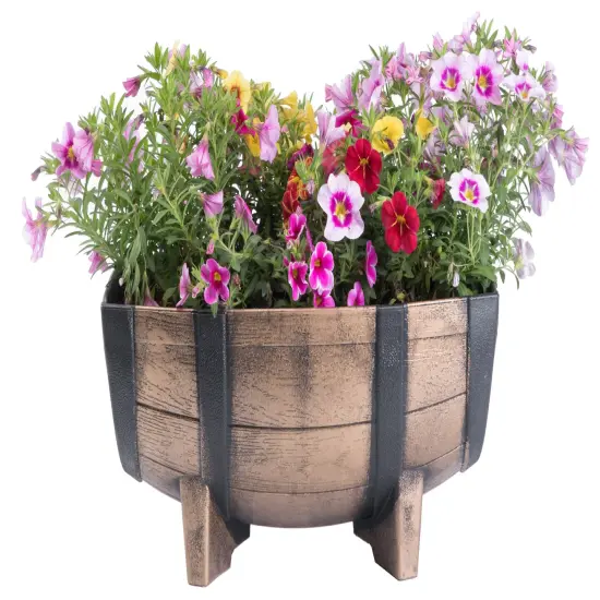Rustic Wood- Look Plastic Half Barrel Flower Pot Garden Planter, Pack of 2 {3}