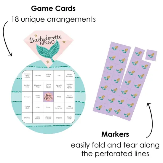 Big Dot of Happiness Trading the Tail for a Veil - Bar Bingo Cards and Markers - Mermaid Bachelorette or Bridal Shower Shaped Bingo Game - Set of 18 {3}
