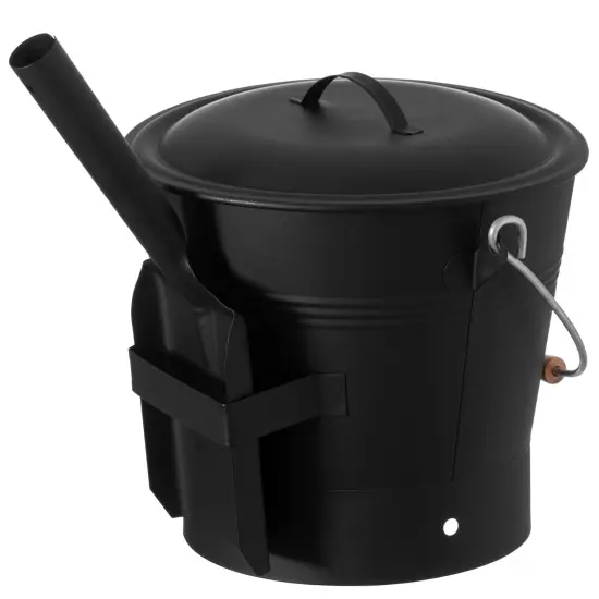 Black Iron Ash Bucket with Lid and Wood Handle Brush Use for Fire Pit, Wood Burning Stove and Grill {5}