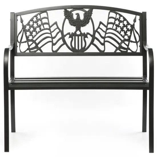 Steel Outdoor Patio Garden Park Seating Bench with Cast Iron Patriotic American Flag and Eagle Backrest, Front Porch Yard Bench Lawn Decor {2}
