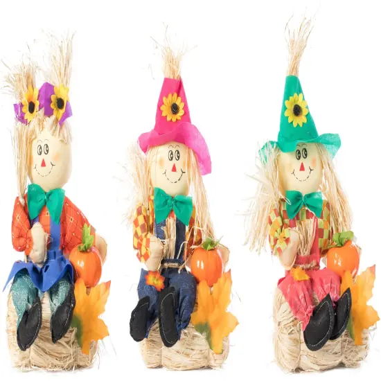 Gardenised 13 Inch Adorable Trio Yard Decor Featuring Outdoor Garden Scarecrows Relaxing Gracefully on Rustic Hay Bales. Perfect for Adding a Touch of Countryside Charm to your Outdoor Space {1}