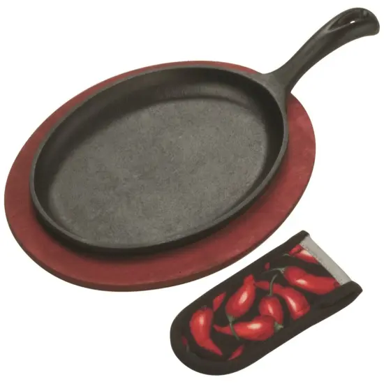 Lodge Logic LFSR3 Pre-Seasoned Cast Iron Fajita Grill and Hot Handle Holder Set {1}