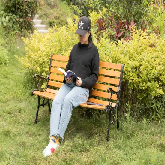 Wooden Outdoor Park Patio Garden Yard Bench with Designed Steel Armrest and Legs {4}