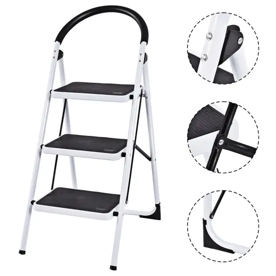 Costway 3 Step Ladder Folding Stool Heavy Duty 330Lbs Capacity Industrial Lightweight, Black {1}
