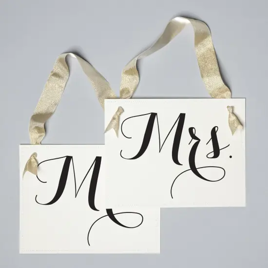 Ritzy Rose Mr. and Mrs. Chair signs - Black on 11x8in White Linen Cardstock with Gold Metallic Ribbon {2}