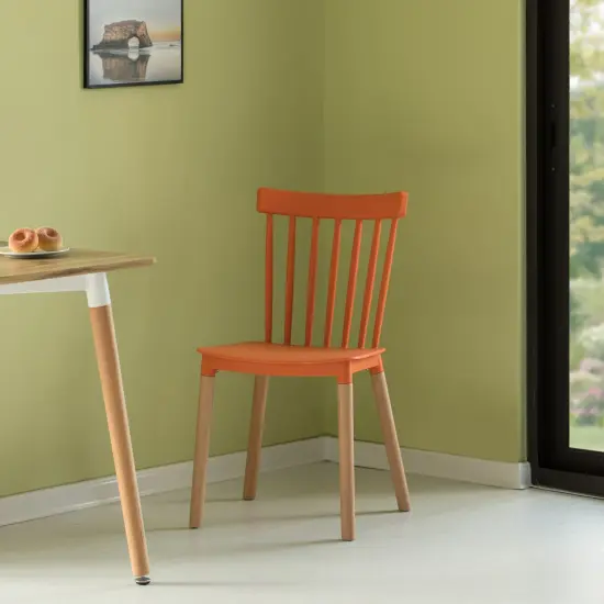 Modern Plastic Dining Chair Windsor Design with Beech Wood Legs Set of 4 Orange {6}