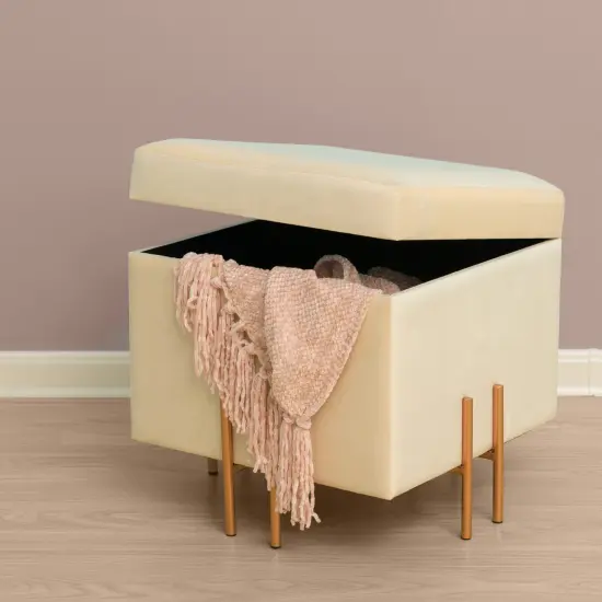 Square Velvet Storage Ottoman with Rose Gold Legs Ivory {1}