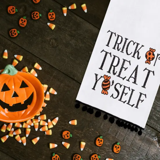 Treat Yo'self Halloween Embroidered Cotton Flour Sack Kitchen Towel With Pom Poms Decor Decoration Decor {4}