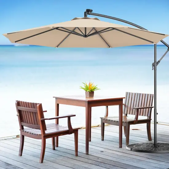 Costway 10' Hanging Solar LED Umbrella Patio Sun Shade Offset Market W/Base Beige {1}